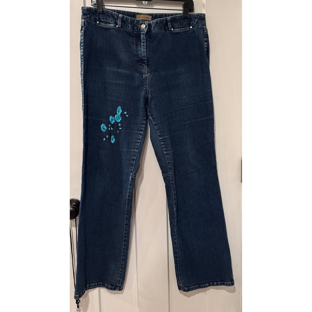 i.e. relaxed Dark Wash Floral Embroidered Straight Leg Jeans Teal Flowers sz 14
